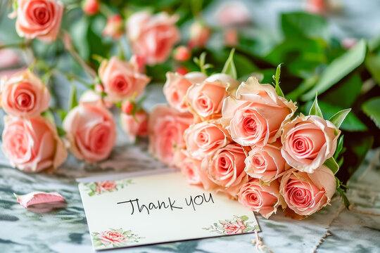 bouquet of roses with a card that says "Thank you" on it