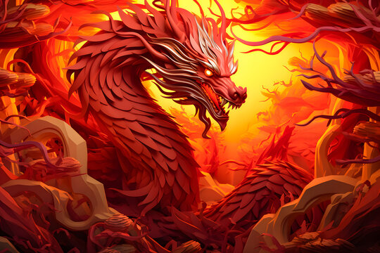 Chinese paper cut style dragon statue on red background. 3D rendering