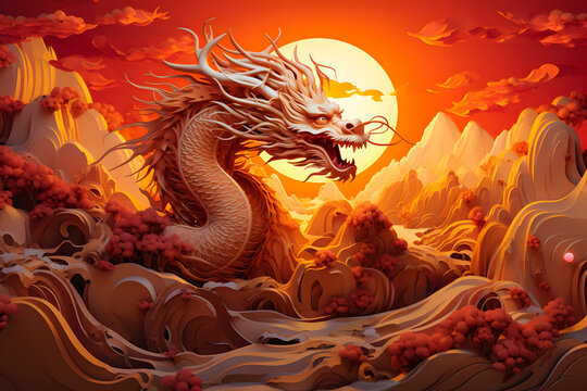 Chinese paper cut style dragon statue on red background. 3D rendering