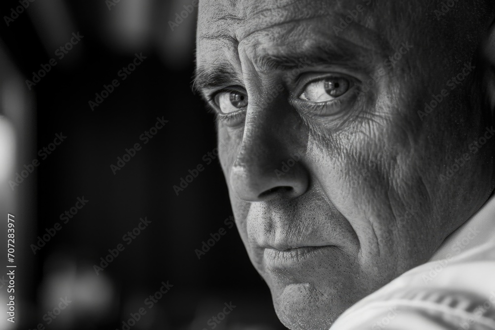 Poster a black and white photo of a man looking directly at the camera. suitable for various uses