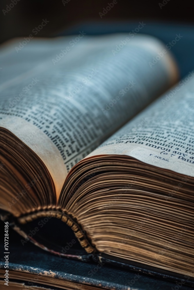 Poster An open book resting on a table. Suitable for educational and reading-related themes