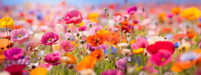 Beautiful Field of colorful poppies flower in a meadow in spring, panoramic view.  - obrazy, fototapety, plakaty