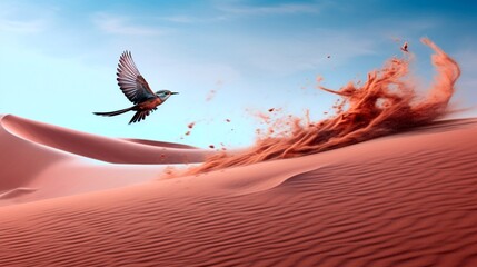 A fleeting moment captured as a sandbird takes flight from a solitary desert shrub, leaving behind a trail of swirling sand grains.