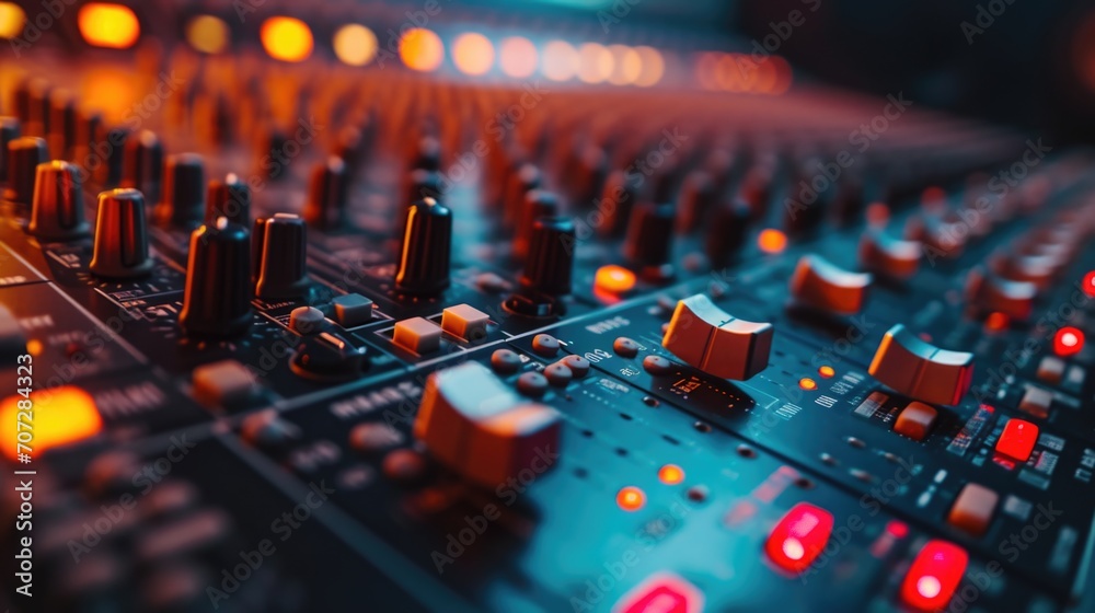 Aufkleber A detailed close up of a mixing board with multiple knobs. This image can be used to represent music production, sound engineering, or recording equipment