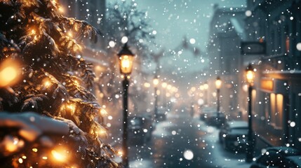Fototapeta na wymiar A winter night scene with a street light illuminating a snowy street and a decorated Christmas tree. Perfect for holiday-themed designs and winter landscapes