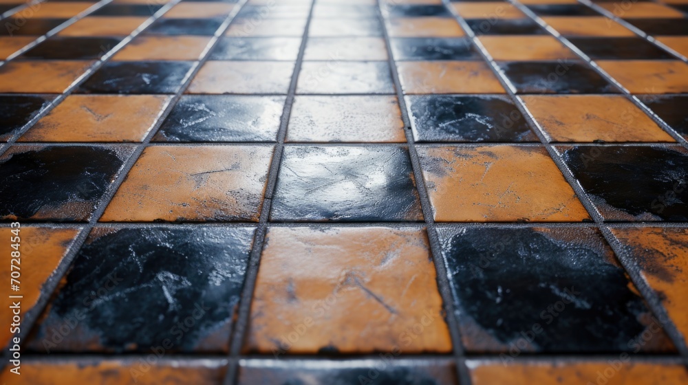 Poster a picture of a tiled floor with black and orange tiles. this image can be used in interior design pr