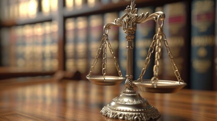 A scale of justice sitting on top of a wooden table. Can be used to represent fairness, law, and the legal system - obrazy, fototapety, plakaty