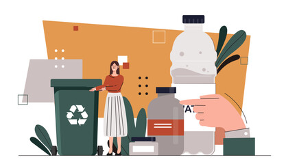 People care about planet concept. Woman near trashcan with plastic bottles. Eco frinedly activists and volunteers. Reducing release of harmful waste into atmosphere. Cartoon flat vector illustration - obrazy, fototapety, plakaty