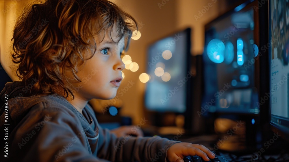 Aufkleber a young child engaging with a computer, exploring the digital world. suitable for illustrating techn