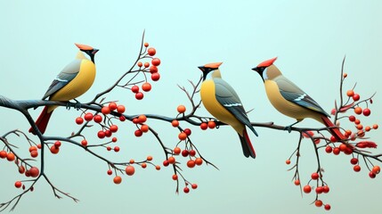 A flock of cedar waxwings feasting on frozen berries, their sleek silhouettes adorned with delicate touches of crimson and yellow.