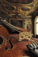 A detailed close-up of a violin placed on a table. This image can be used to depict musical...