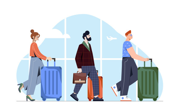 People in airport concept. Men and woman with luggage and suitcases. Travelers waiting for flight. International holiday and tourism. Tourists wait for plane. Cartoon flat vector illustration