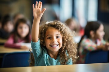 Fototapeta premium Young girl raising hand in elementary school classroom