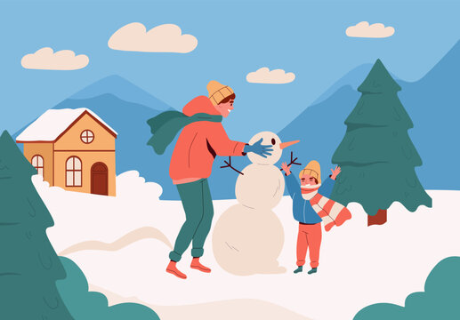 People make snowman concept. Rest and leisure outdoor in winter season. Woman with kid play with snow. Traditions of Christmas and New Year, Noel Eve. Cartoon flat vector illustration