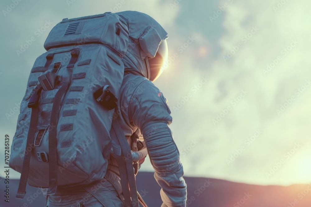 Poster A man dressed in a white space suit with a backpack. Suitable for space exploration and futuristic concepts
