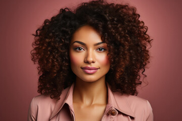 Fototapeta premium Beautiful african american woman with curly hair on pink background