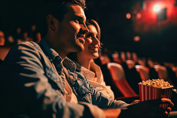 couple watching a movie in a theater with popcorn and a ticket