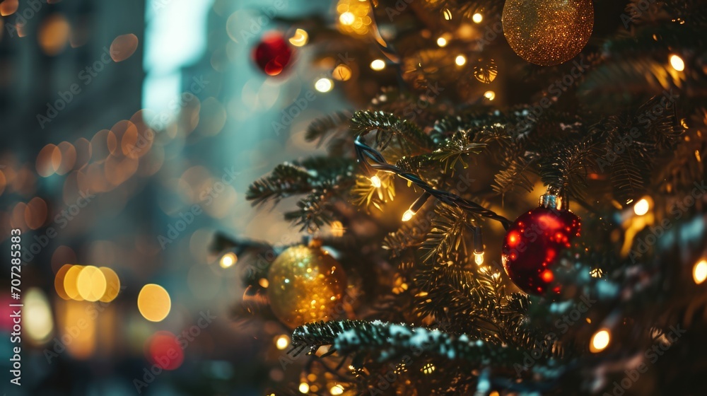 Poster a close-up view of a christmas tree with beautiful lights in the background. perfect for holiday dec