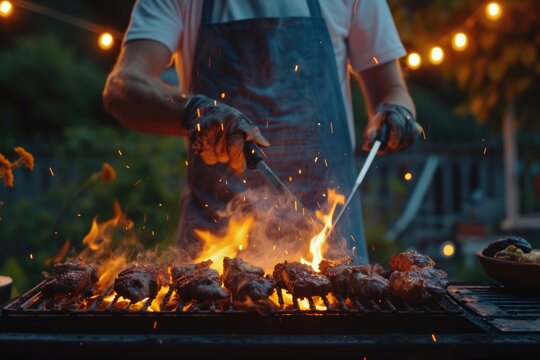 A man is cooking meat on a grill. This image can be used to depict outdoor cooking or barbecuing