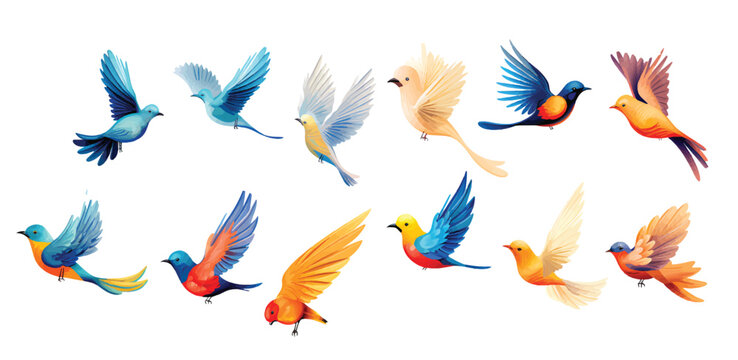 Vector illustration collection of colorful flying birds on white background.