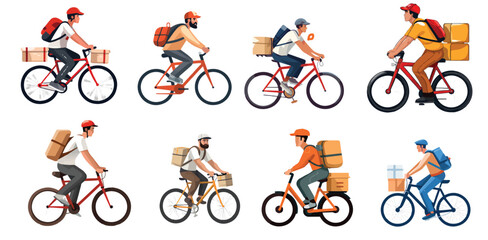 Vector illustration of a delivery man on a bicycle on a white background. - obrazy, fototapety, plakaty
