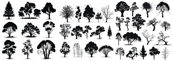 set of silhouettes of trees - obrazy, fototapety, plakaty
