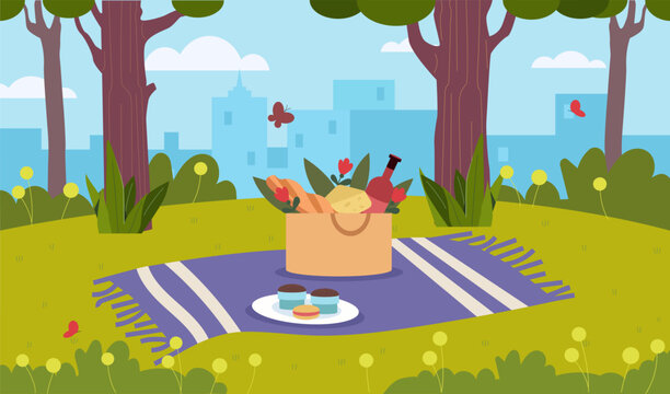 Set up for picnic. Blue blanket with food at lawn. Romantic date in summer day. Basket of cheese and wine near dish with coffee cups with dessert. Cartoon flat vector illustration