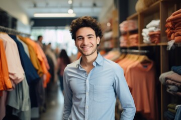 Portrait of a young man in the clothing store - obrazy, fototapety, plakaty