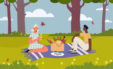 Obraz na płótnie Canvas People at picnic. Man and woman sitting at blanket with food. Young couple at romantic date in summer day. Young guy and girl with basket of cheese and wine. Cartoon flat vector illustration