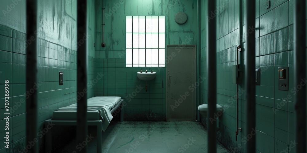 Poster A picture of a jail cell with two beds and a sink. This image can be used to depict the confinement and living conditions in a prison setting