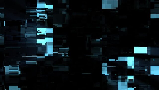Abstract animation of bright blue hi-tech elements in a shape of moving and transforming digital glitches on a shiny dark background , motion graphics , video 4k , 60 fps