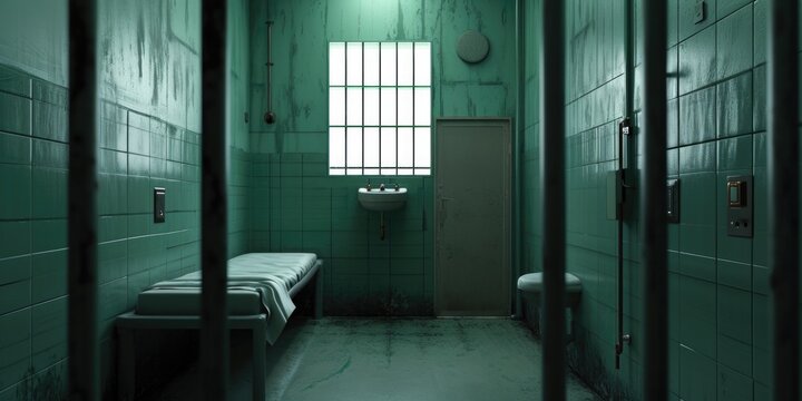 A picture of a jail cell with two beds and a sink. This image can be used to depict the confinement and living conditions in a prison setting