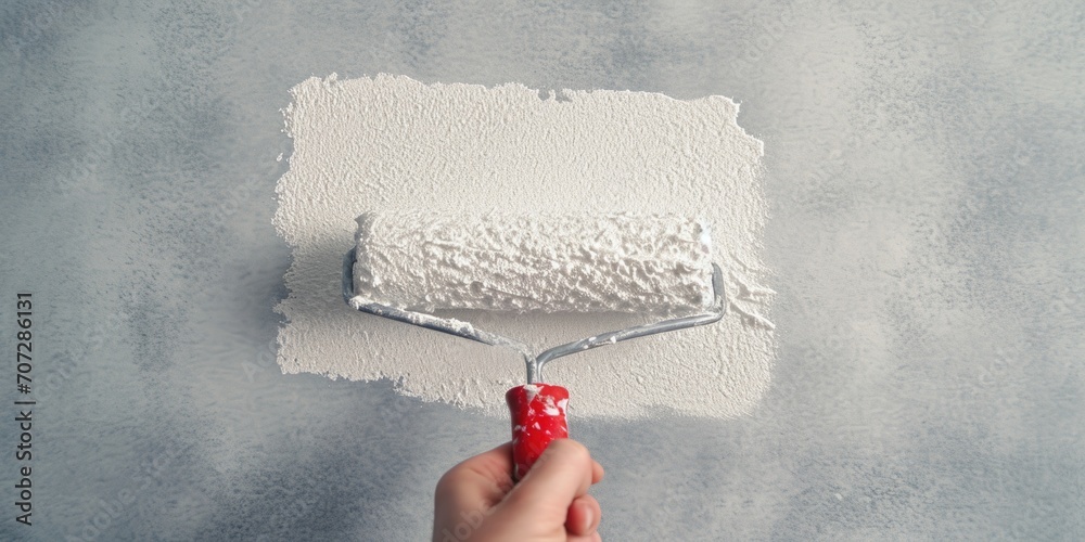 Poster a person is using a paint roller to paint a wall. this image can be used to depict home improvement 