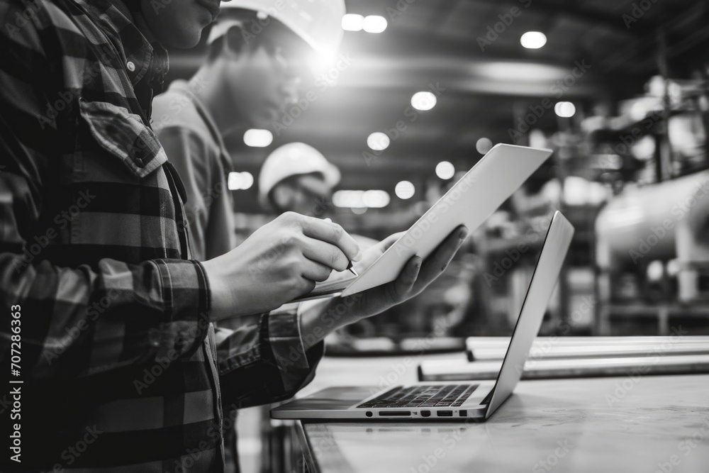 Poster A man is seen diligently working on a laptop in a factory. This image can be used to depict technology in an industrial setting