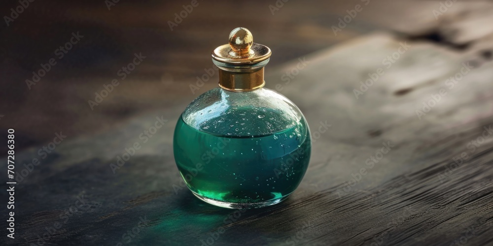 Aufkleber A bottle of liquid is placed on top of a wooden table. This versatile image can be used to represent various concepts and themes