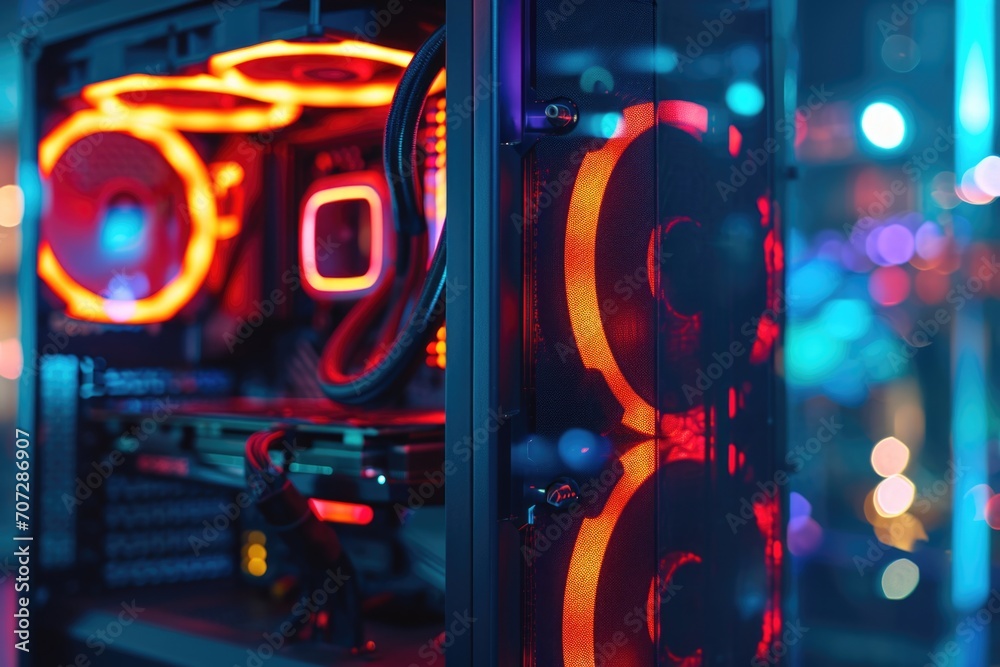 Poster a detailed view of a computer case featuring vibrant neon lights. perfect for technology enthusiasts