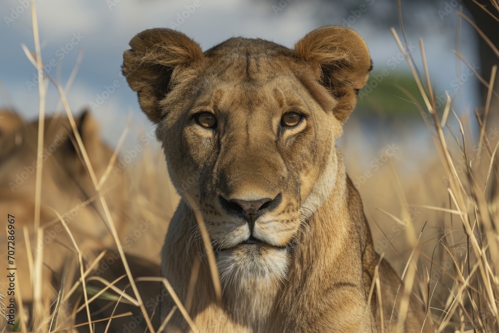 Poster a close-up of a lion in a field of tall grass. perfect for nature and wildlife enthusiasts