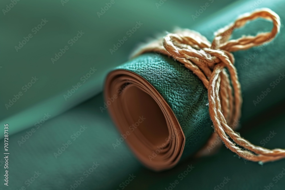 Poster A roll of green fabric tied with a rope. Can be used for various craft projects or as a decorative element