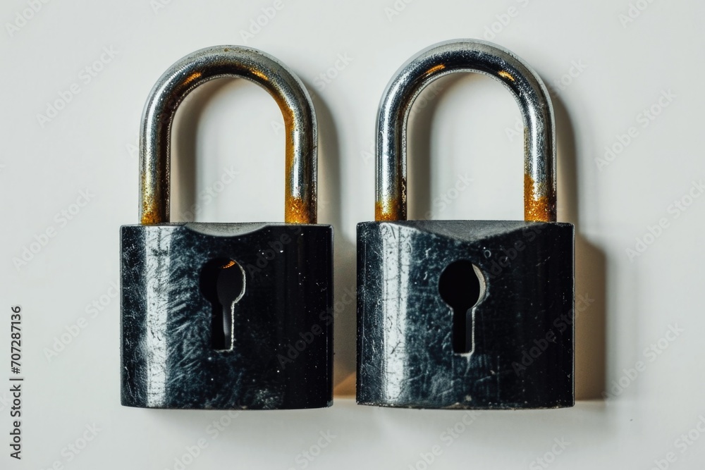 Poster two padlocks sitting next to each other. can be used to represent security, protection, or locking m