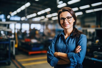 Portrait of a smiling young woman working in automotive factory