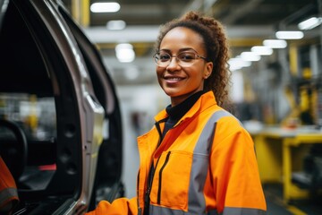 Portrait of a smiling young woman working in automotive factory