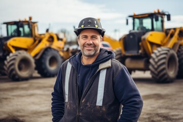 Portrait of a construction worker with smile at heavy machinery site