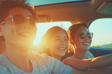 A group of people sitting together inside a car. This image can be used to depict carpooling, road trips, family outings, or traveling with friends - obrazy, fototapety, plakaty