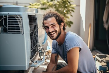Fototapeta premium Portrait of a young male technician working on air control unit