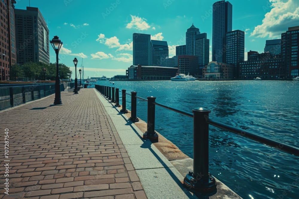 Poster A brick walkway next to a body of water. Suitable for use in architectural and landscape design projects