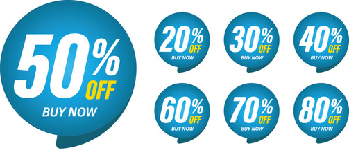 Different percent discount sticker discount price tag set. Turquoise speech bubble shape promote buy now with sell off up to 20, 30, 40, 50, 60, 70, 80 percent vector illustration isolated on white