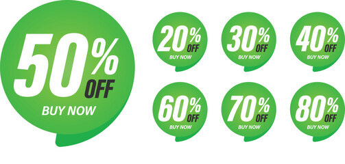 Different percent discount sticker discount price tag set. Green round speech bubble shape promote buy now with sell off up to 20, 30, 40, 50, 60, 70, 80 percent vector illustration isolated on white