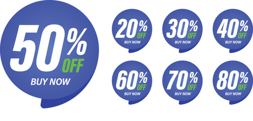 Different percent discount sticker discount price tag set. Blue round speech bubble shape promote buy now with sell off up to 20, 30, 40, 50, 60, 70, 80 percent vector illustration isolated on white