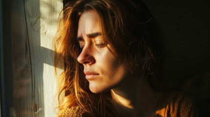 sad and depressed woman looking out of window - obrazy, fototapety, plakaty