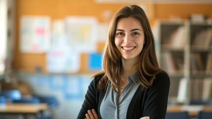 portrait young female teacher in classroom with blurred background